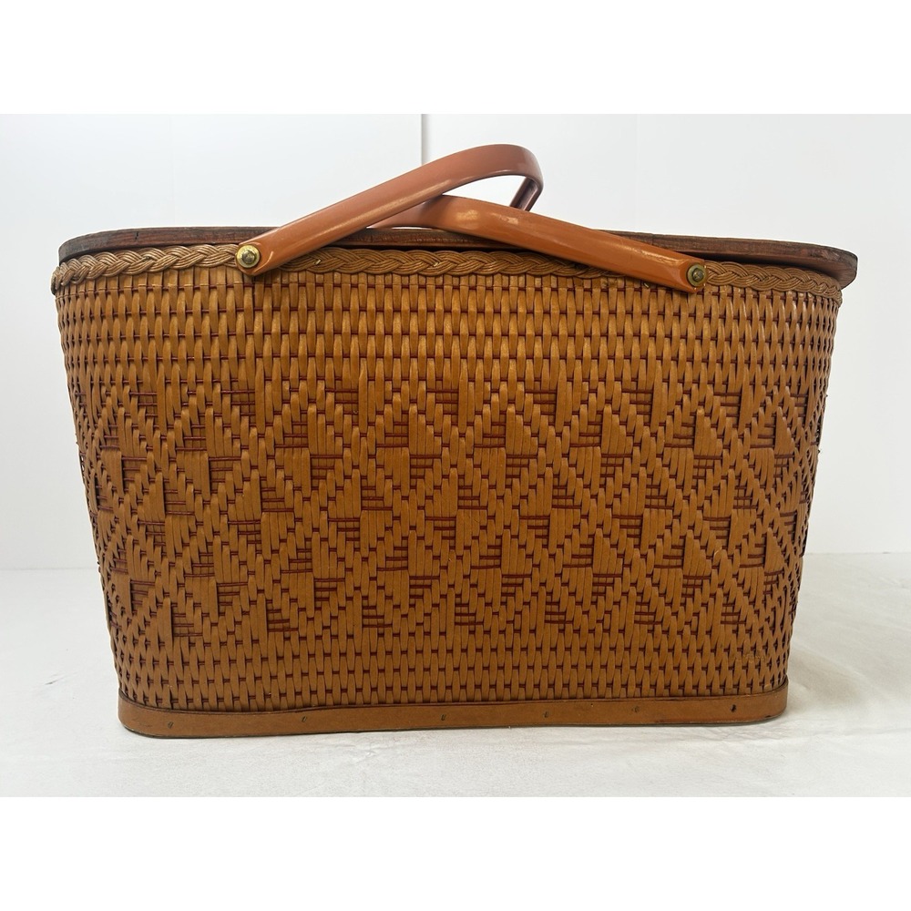 Vintage Redmon Woven Picnic Basket 22" Wood Lid & Handles Diamond Pattern - Picture 4 of 16